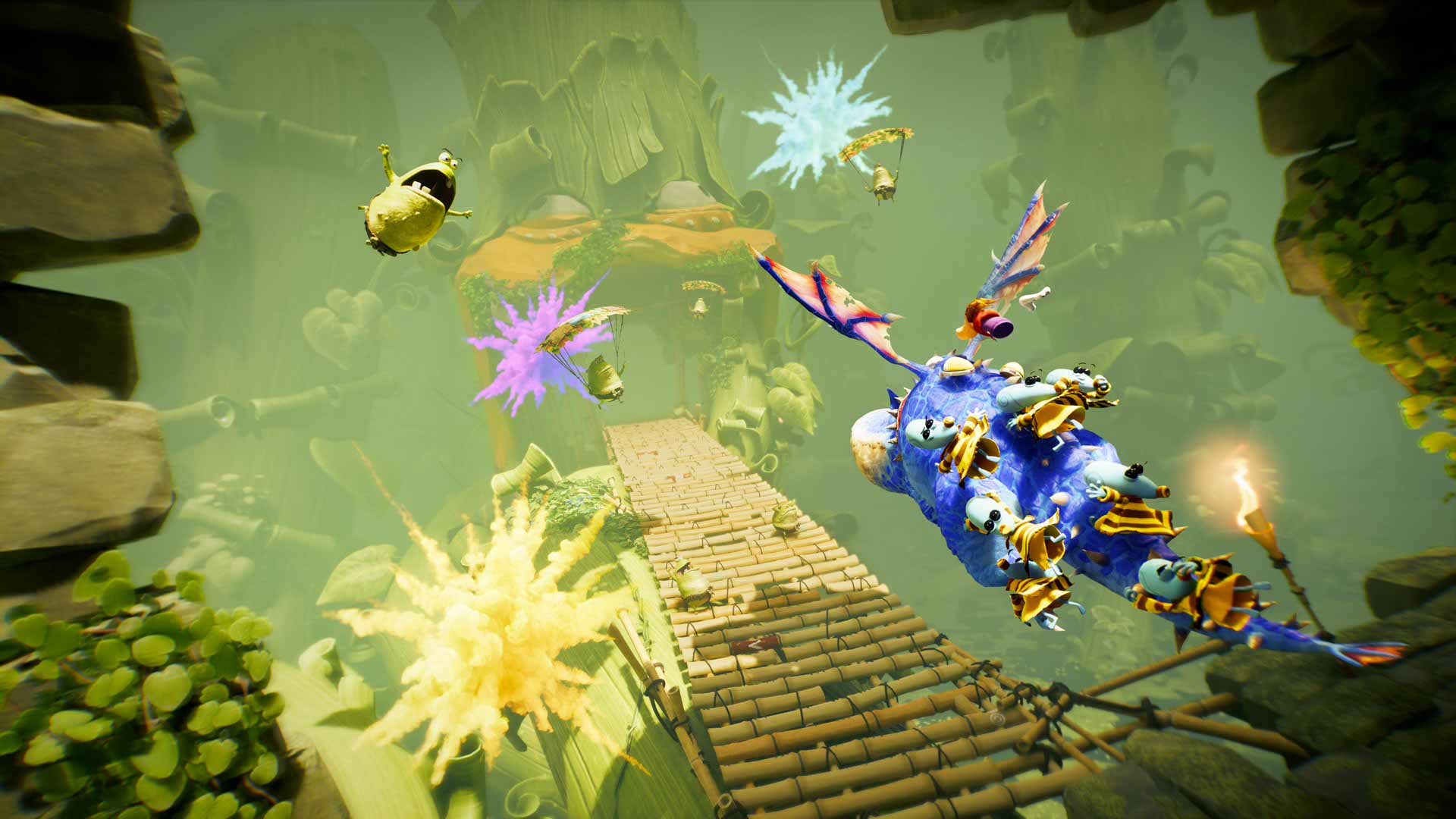 The heroes ride a blue dragon through a green canyon above a rope bridge.
