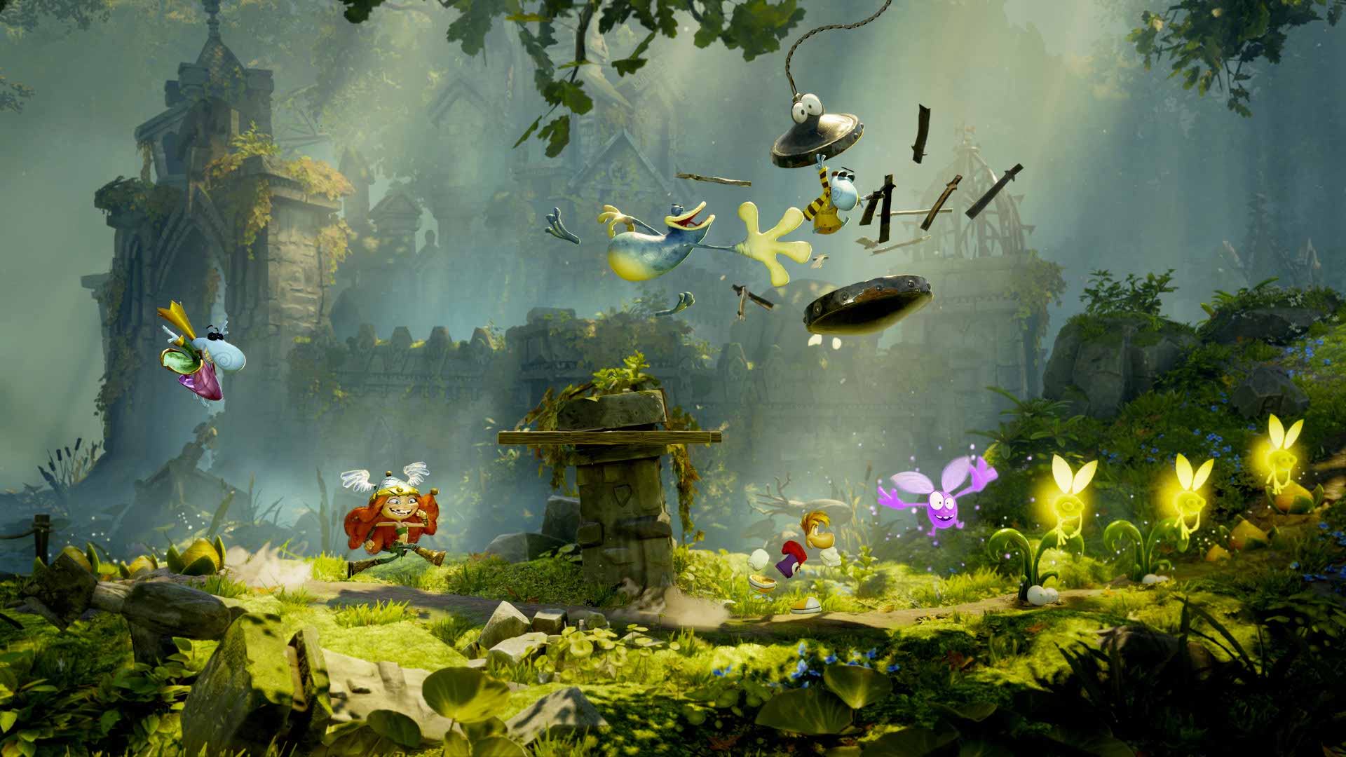 Rayman, Barbara, Globox and a Teensie adventuring through moss-covered forest ruins.