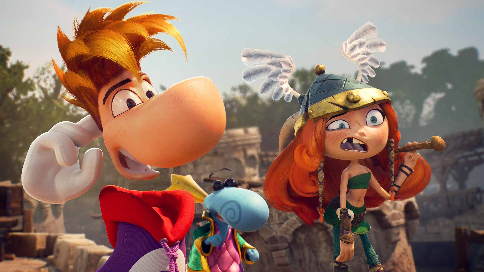 A cinematic close-up of Rayman, Barbara and a Teensie.