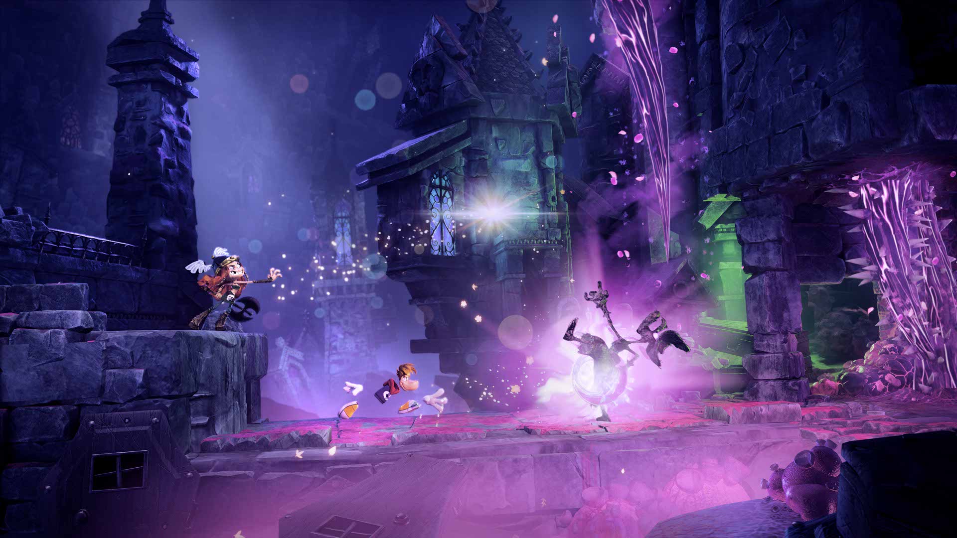 Rayman and Barbara in the violet ruins of the Land of the Livid Dead.
